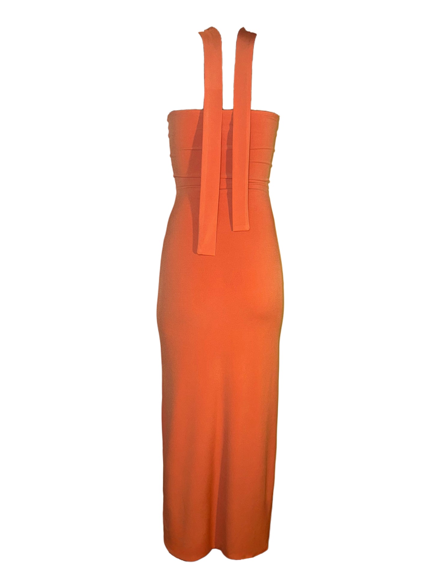 Orange Long Dress with Tie Neck Detail.