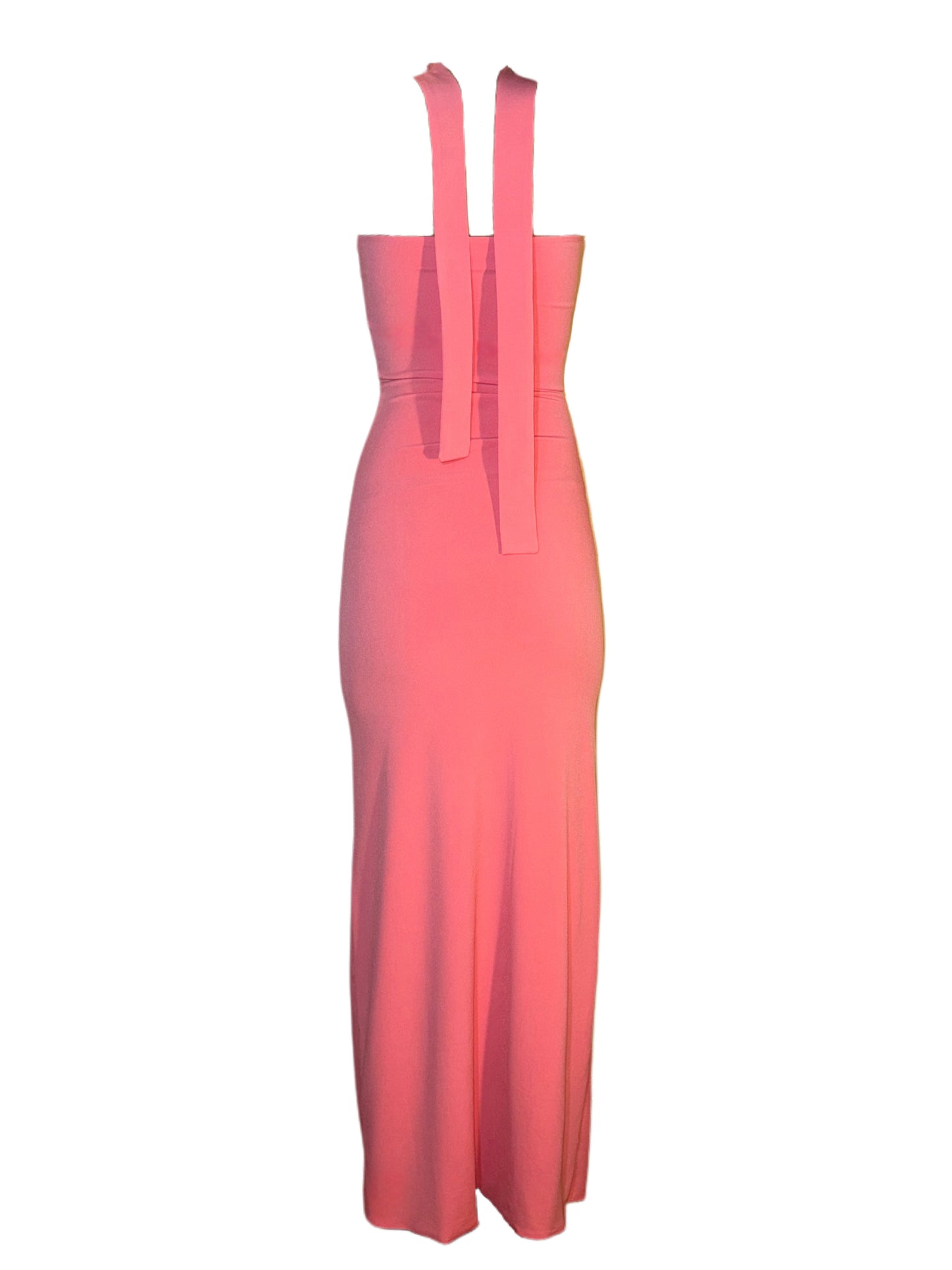 Pink Long Dress with Tie Neck Detail.