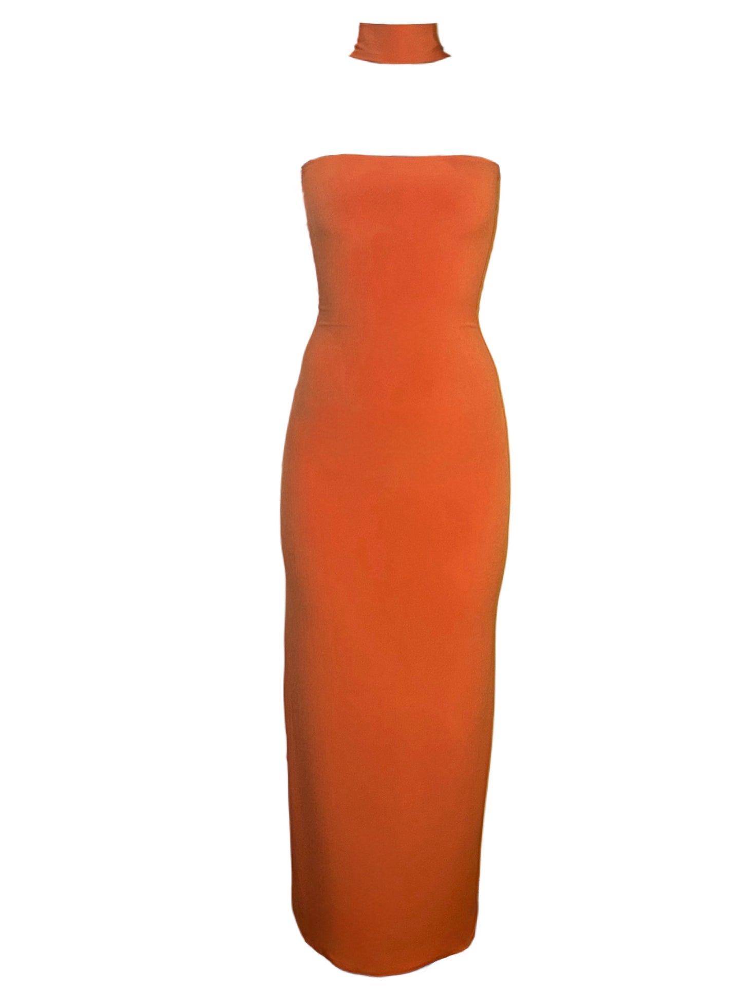 Orange Long Dress with Tie Neck Detail.