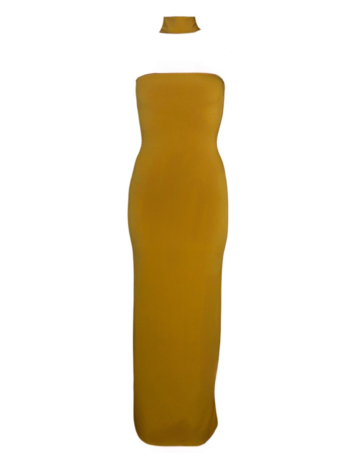 Mustard Yellow Long Dress with Tie Neck Detail