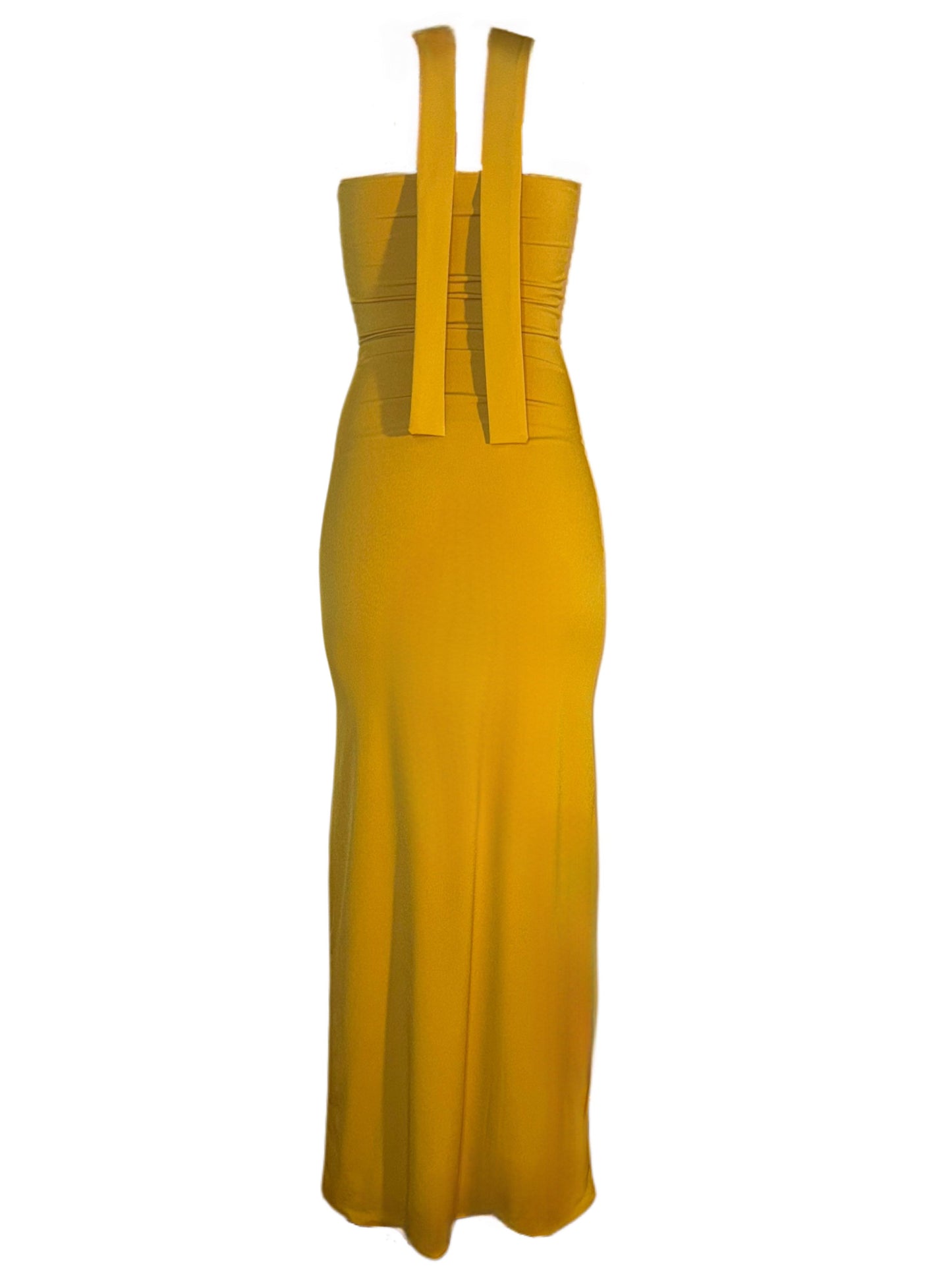 Mustard Yellow Long Dress with Tie Neck Detail