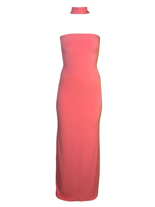 Pink Long Dress with Tie Neck Detail.